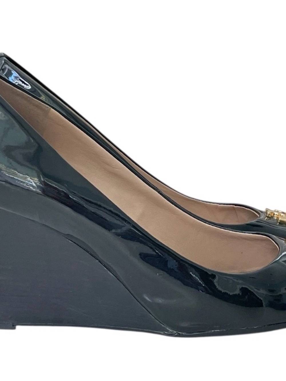 Tory Burch Black Patent Leather Peep-Toe Wedge with Gold Logo - Picture 4 of 15
